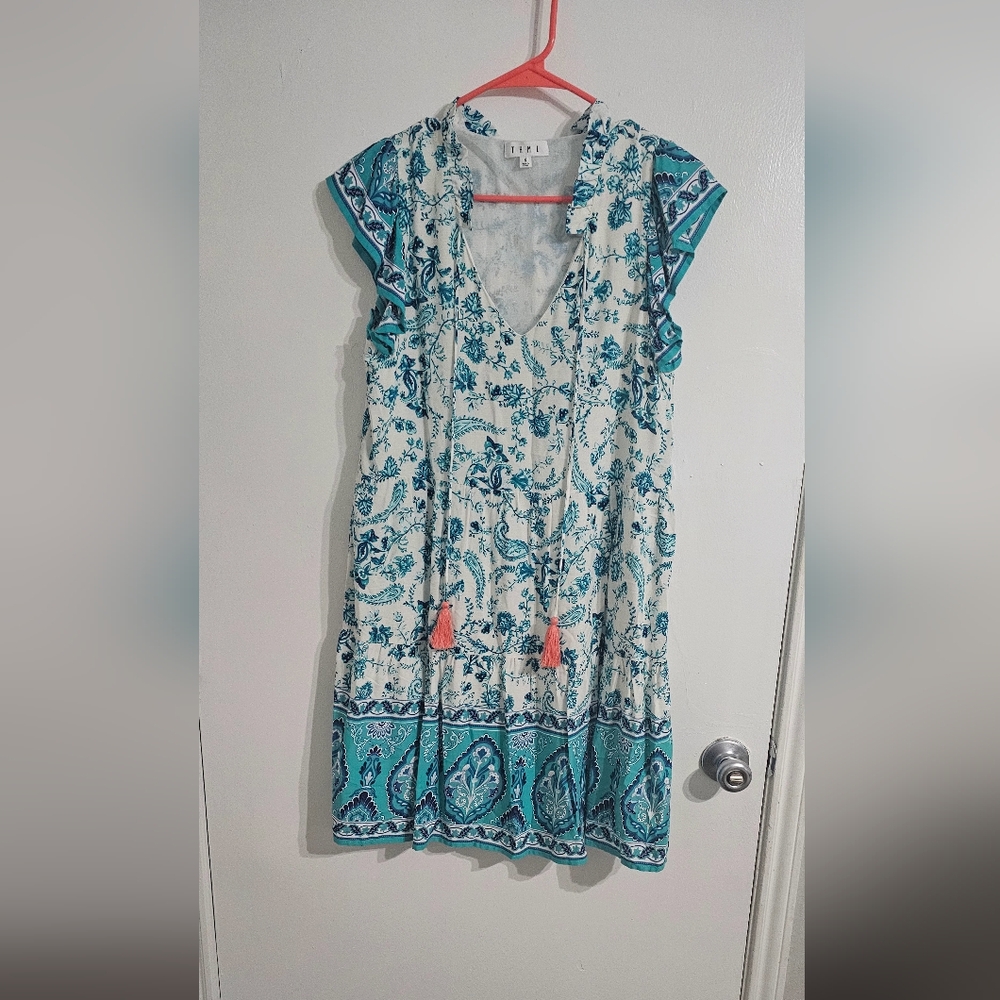 THML Tiered Dress Women Small Paisley Floral Pink Teal White Resort Boho Tassel